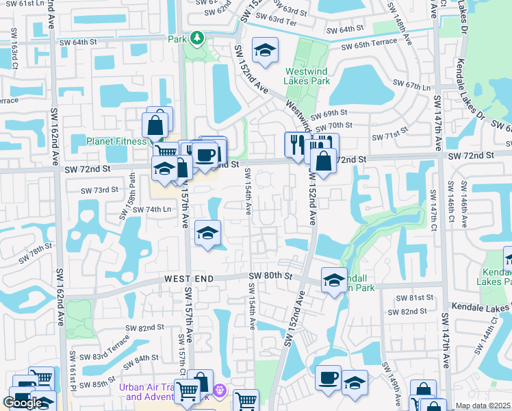 map of restaurants, bars, coffee shops, grocery stores, and more near 7450 Southwest 153rd Place in Miami