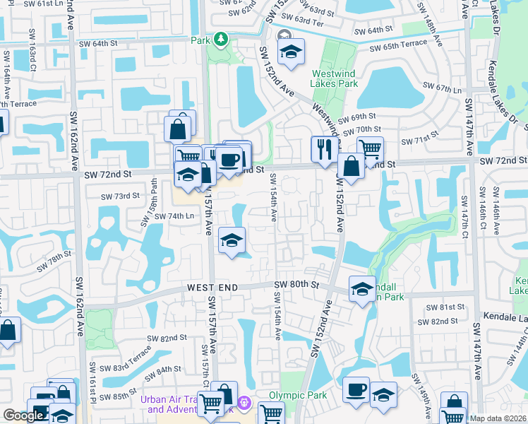 map of restaurants, bars, coffee shops, grocery stores, and more near 1208 Southwest 74th Court in Miami