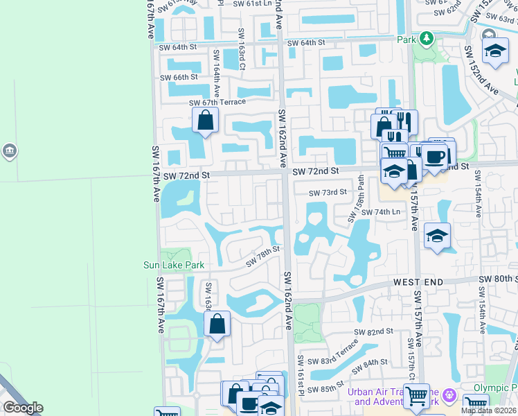 map of restaurants, bars, coffee shops, grocery stores, and more near 7435 Southwest 162nd Place in Miami