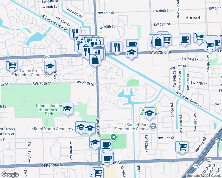 map of restaurants, bars, coffee shops, grocery stores, and more near 7675 Southwest 106th Avenue in Miami