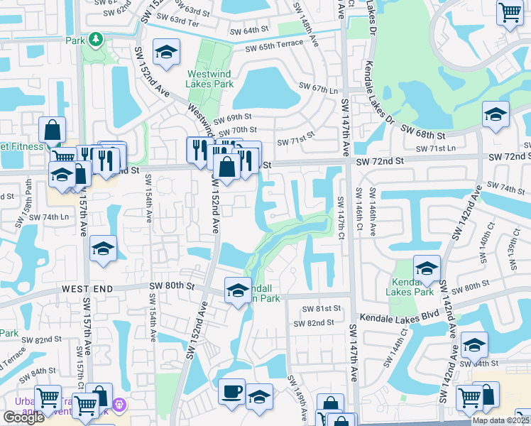 map of restaurants, bars, coffee shops, grocery stores, and more near 14969 Southwest 75th Terrace in Miami