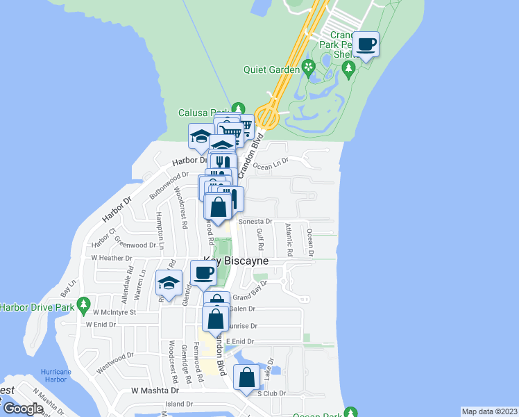 map of restaurants, bars, coffee shops, grocery stores, and more near 151 Crandon Boulevard in Key Biscayne