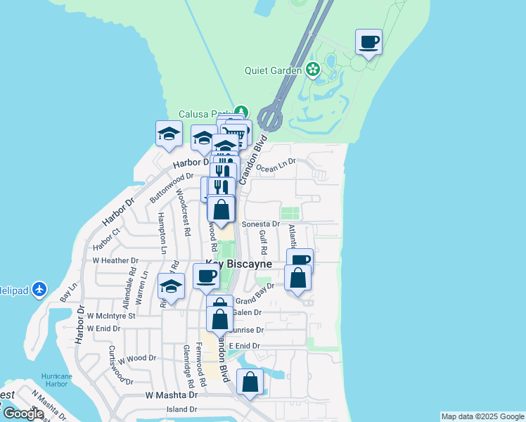 map of restaurants, bars, coffee shops, grocery stores, and more near 151 Crandon Boulevard in Key Biscayne