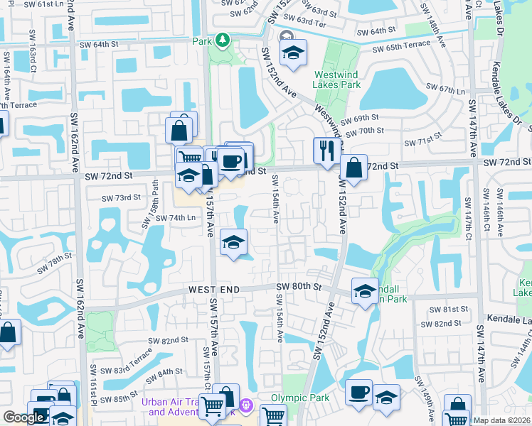 map of restaurants, bars, coffee shops, grocery stores, and more near 1208 Southwest 74th Court in Miami