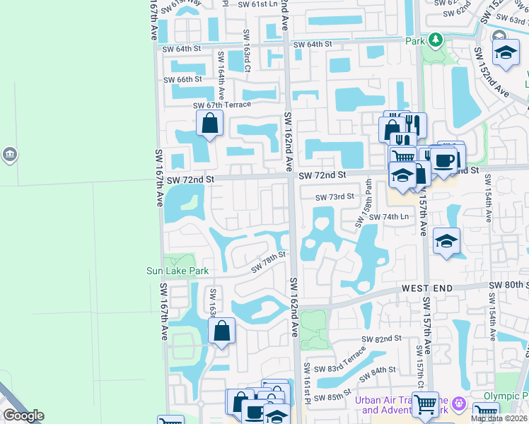 map of restaurants, bars, coffee shops, grocery stores, and more near 7435 Southwest 162nd Place in Miami