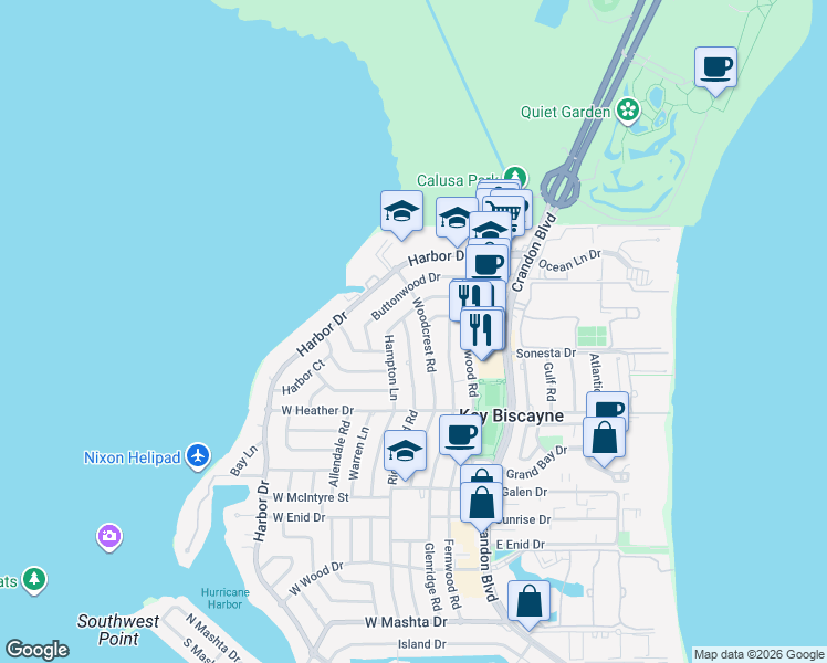 map of restaurants, bars, coffee shops, grocery stores, and more near 265 Woodcrest Road in Key Biscayne