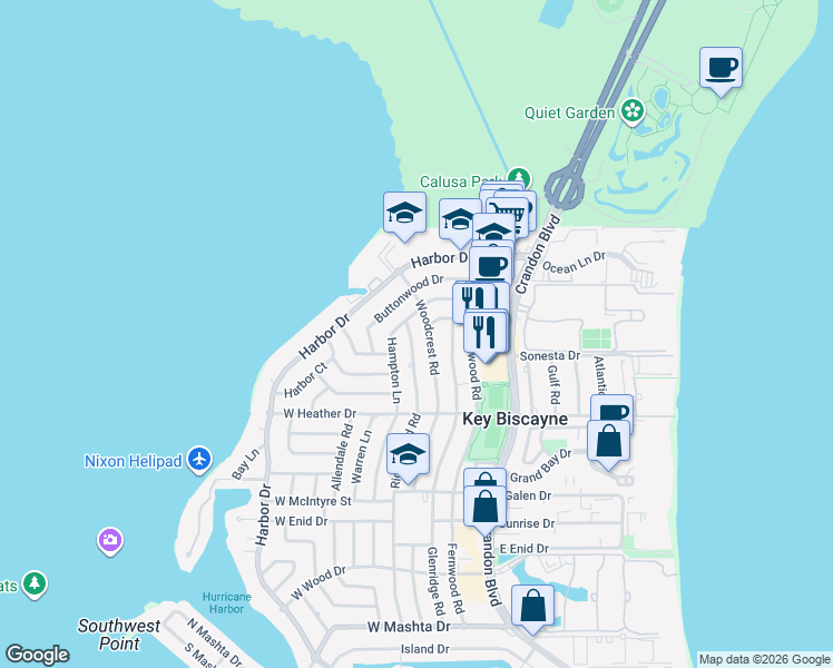 map of restaurants, bars, coffee shops, grocery stores, and more near 265 Woodcrest Road in Key Biscayne