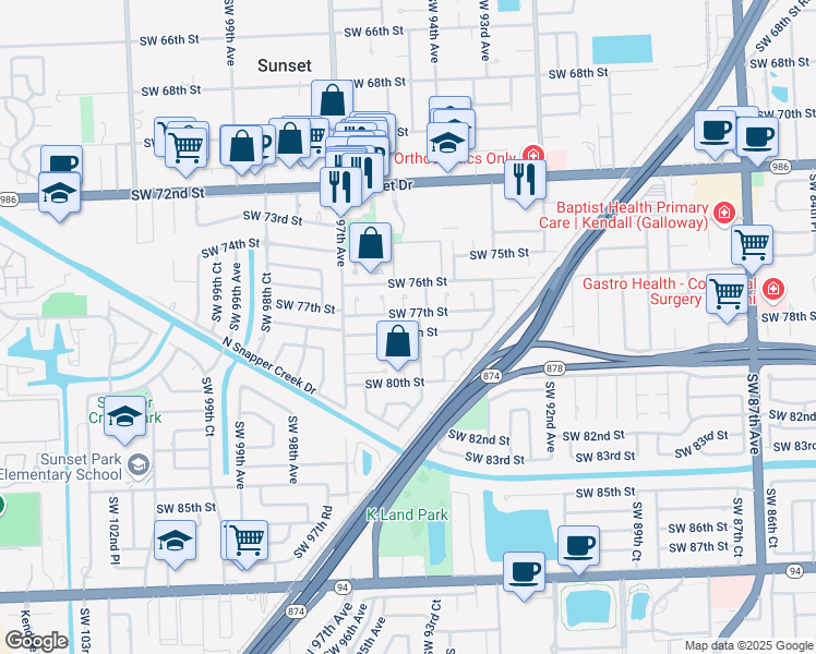 map of restaurants, bars, coffee shops, grocery stores, and more near 9455 Southwest 78th Street in Miami