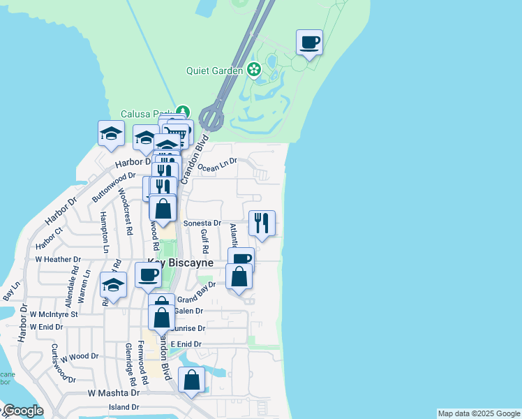 map of restaurants, bars, coffee shops, grocery stores, and more near 201 Crandon Boulevard in Key Biscayne