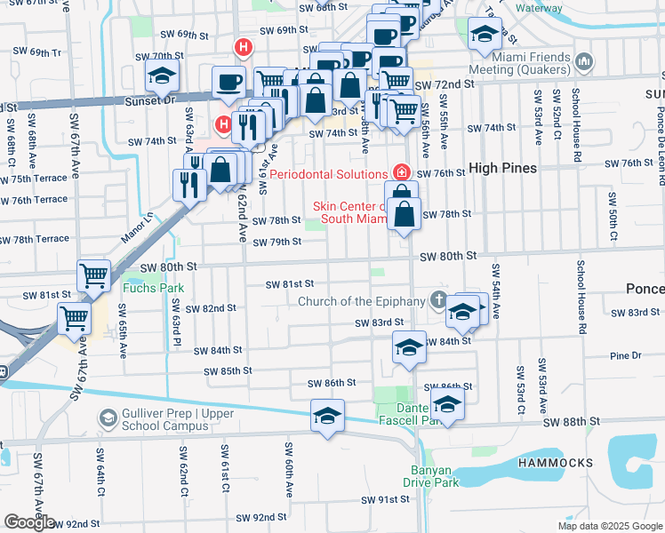 map of restaurants, bars, coffee shops, grocery stores, and more near 5890 Southwest 80th Street in South Miami