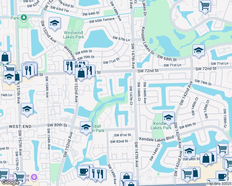 map of restaurants, bars, coffee shops, grocery stores, and more near 14826 Southwest 74th Lane in Miami