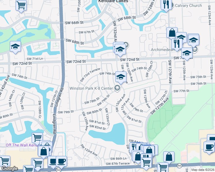 map of restaurants, bars, coffee shops, grocery stores, and more near 7701 Southwest 132nd Place in Miami