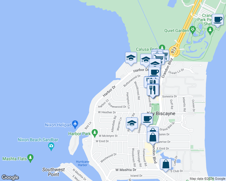 map of restaurants, bars, coffee shops, grocery stores, and more near 251 Harbor Drive in Key Biscayne