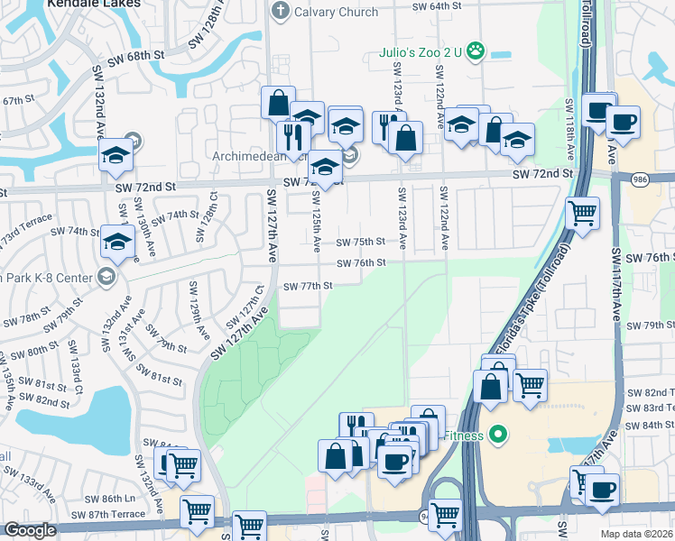 map of restaurants, bars, coffee shops, grocery stores, and more near 12454 Southwest 76th Street in Miami