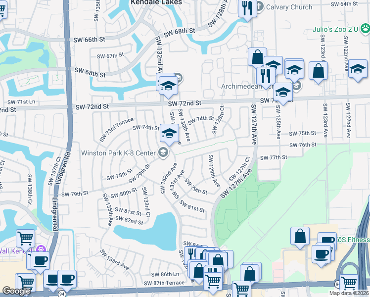 map of restaurants, bars, coffee shops, grocery stores, and more near 13014 Southwest 74th Terrace in Miami