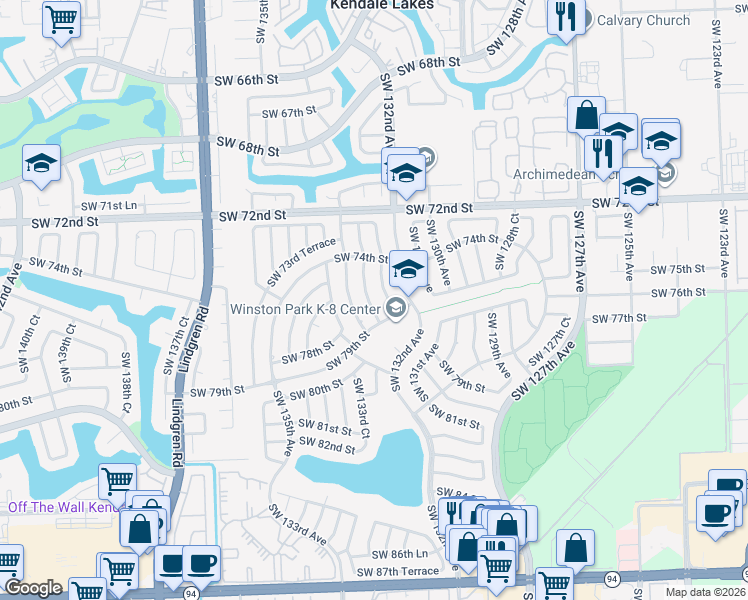 map of restaurants, bars, coffee shops, grocery stores, and more near 7701 Southwest 132nd Place in Miami