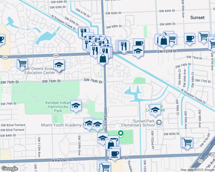 map of restaurants, bars, coffee shops, grocery stores, and more near 10685 Southwest 76th Terrace in Miami