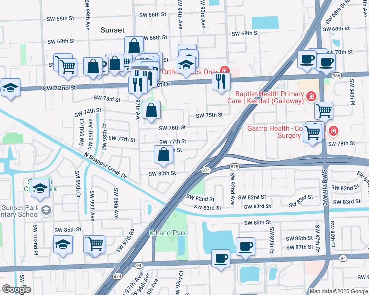 map of restaurants, bars, coffee shops, grocery stores, and more near 9375 Southwest 78th Street in Miami