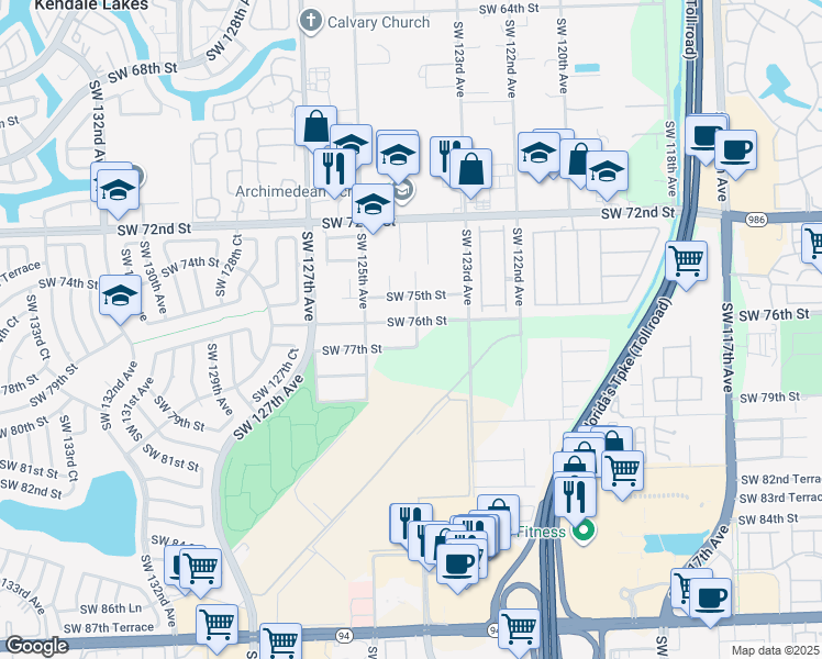map of restaurants, bars, coffee shops, grocery stores, and more near 12400 Southwest 76th Street in Miami