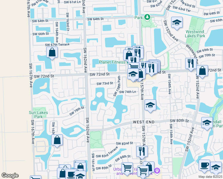 map of restaurants, bars, coffee shops, grocery stores, and more near 15951 Southwest 75th Street in Miami