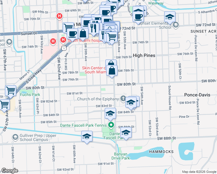 map of restaurants, bars, coffee shops, grocery stores, and more near 5714 Southwest 80th Street in Miami