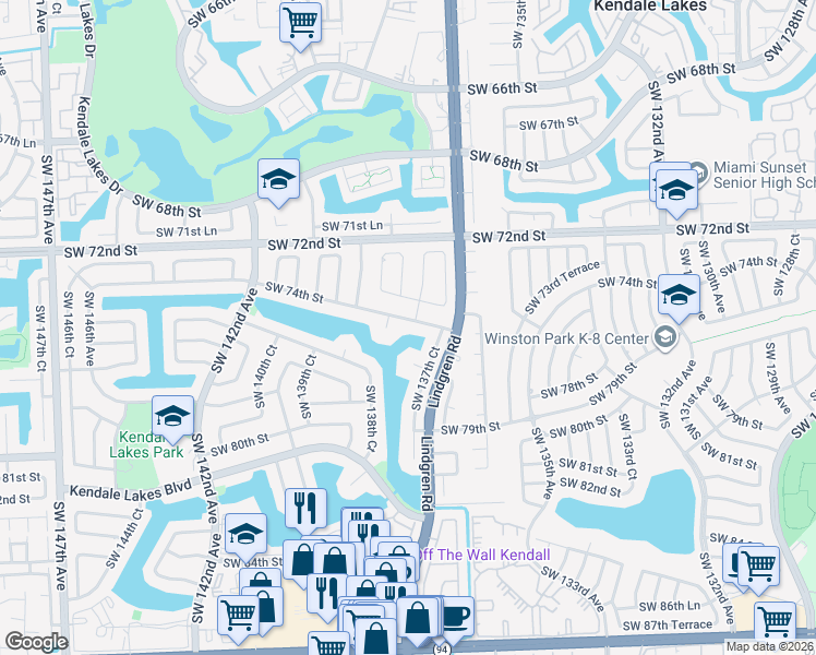 map of restaurants, bars, coffee shops, grocery stores, and more near 13800 Southwest 74th Street in Miami