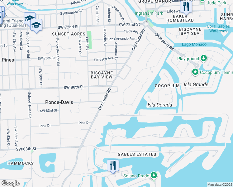 map of restaurants, bars, coffee shops, grocery stores, and more near 660 Calatrava Court in Coral Gables