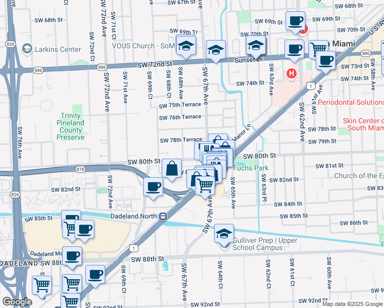 map of restaurants, bars, coffee shops, grocery stores, and more near 6761 Southwest 80th Street in Miami
