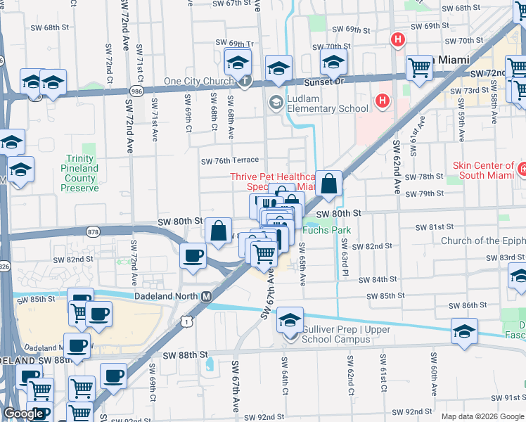 map of restaurants, bars, coffee shops, grocery stores, and more near 7902 Southwest 67th Avenue in South Miami