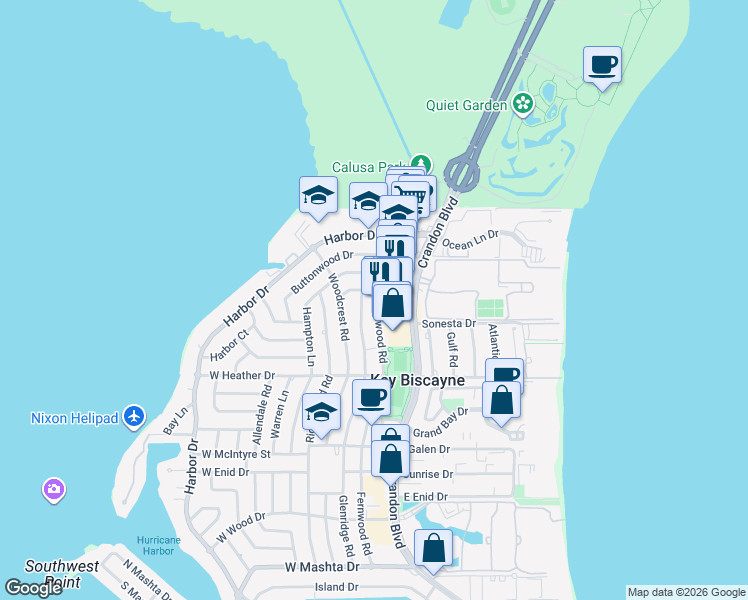 map of restaurants, bars, coffee shops, grocery stores, and more near 260 Crandon Boulevard in Key Biscayne