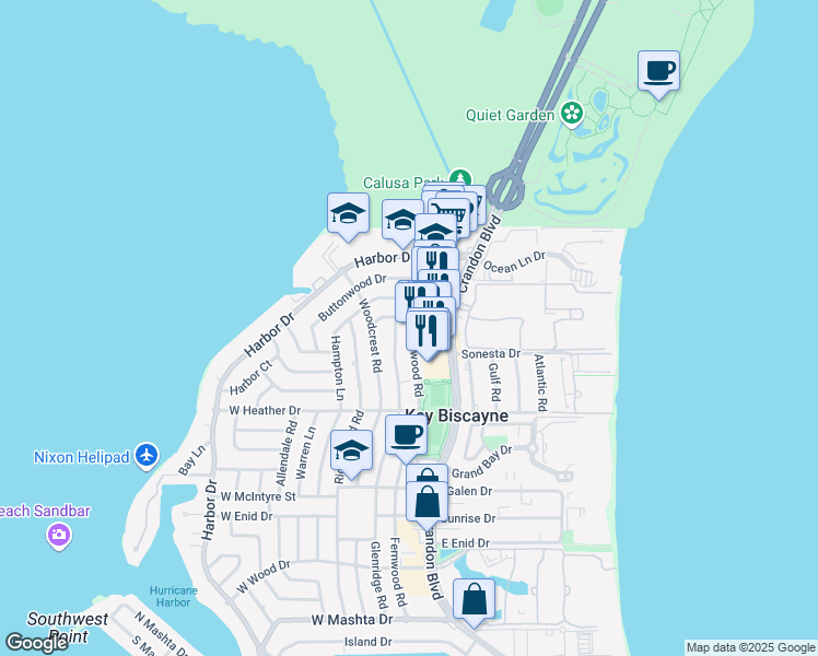 map of restaurants, bars, coffee shops, grocery stores, and more near 250 Fernwood Road in Key Biscayne