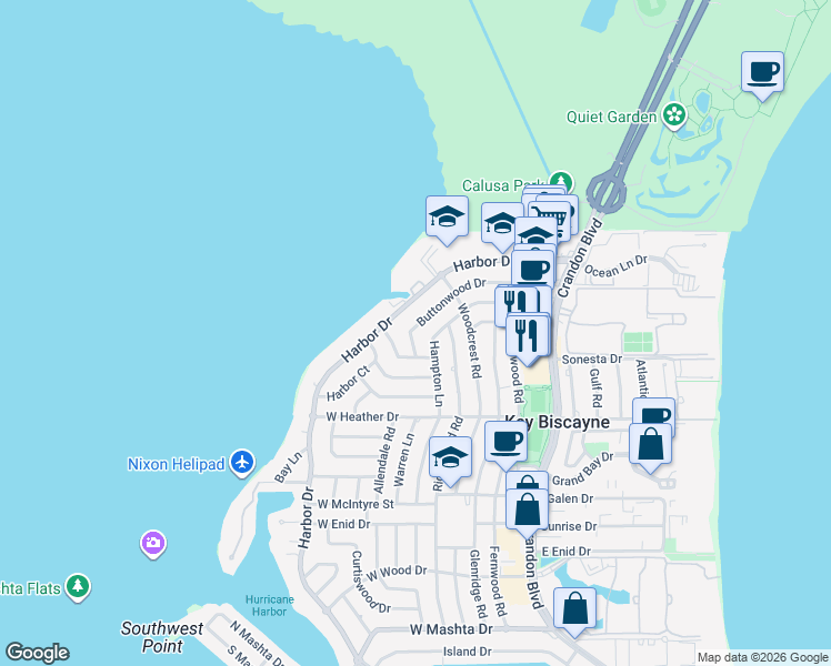 map of restaurants, bars, coffee shops, grocery stores, and more near 335 Cypress Drive in Key Biscayne