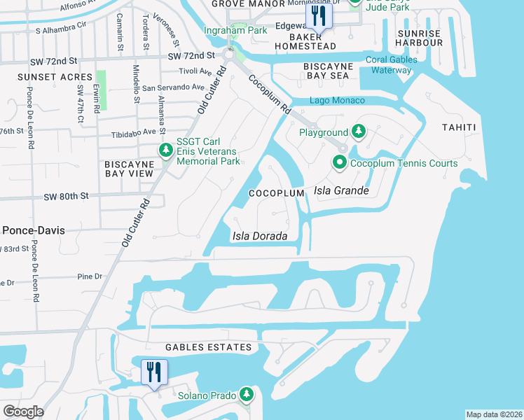 map of restaurants, bars, coffee shops, grocery stores, and more near 385 Isla Dorada Boulevard in Coral Gables
