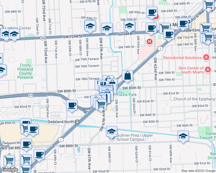 map of restaurants, bars, coffee shops, grocery stores, and more near in South Miami