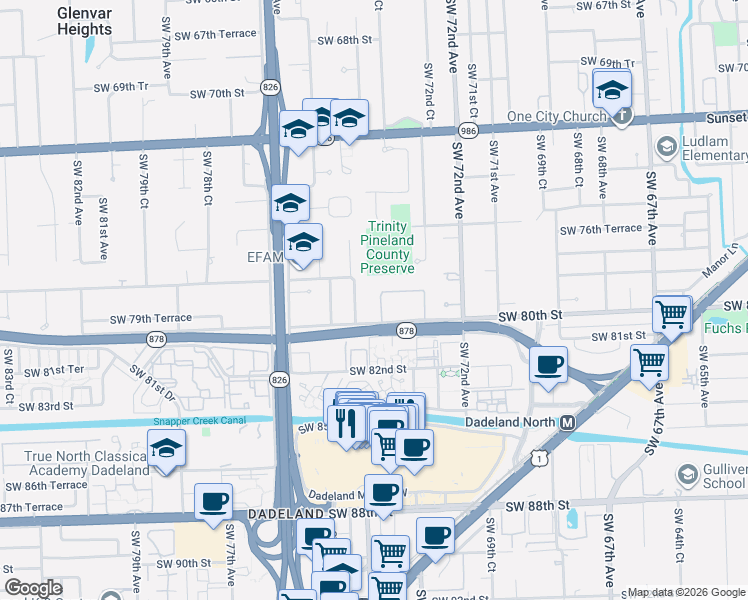 map of restaurants, bars, coffee shops, grocery stores, and more near 7395 Southwest 80th Street in Miami