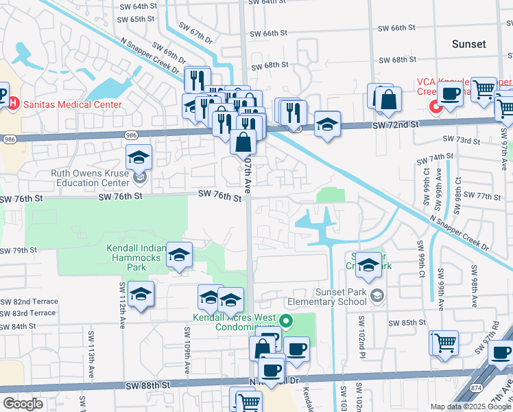 map of restaurants, bars, coffee shops, grocery stores, and more near 10685 Southwest 76th Terrace in Miami
