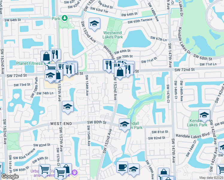 map of restaurants, bars, coffee shops, grocery stores, and more near 7490 Southwest 152nd Avenue in Miami