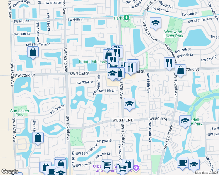 map of restaurants, bars, coffee shops, grocery stores, and more near 15786 Southwest 74th Street in Miami