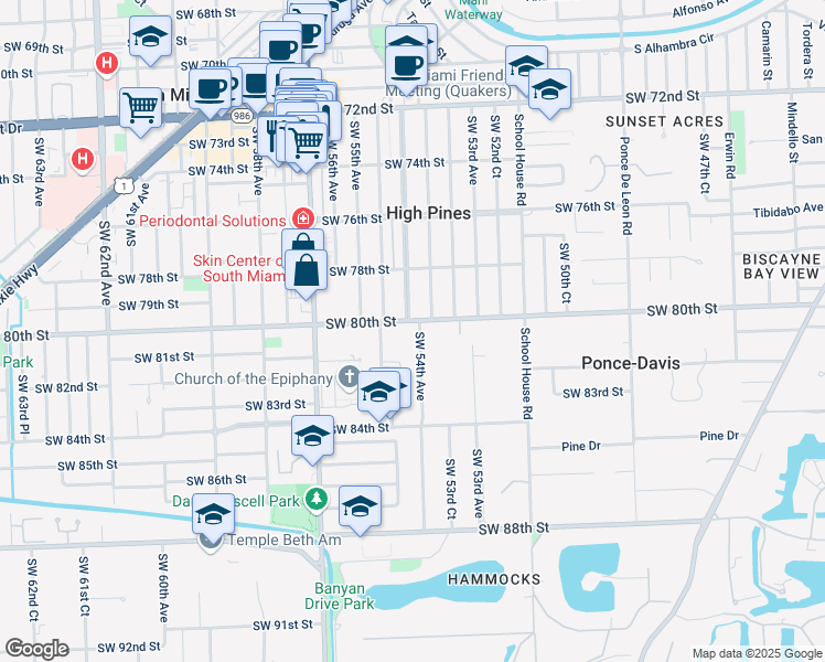 map of restaurants, bars, coffee shops, grocery stores, and more near 5400 Southwest 80th Street in Miami
