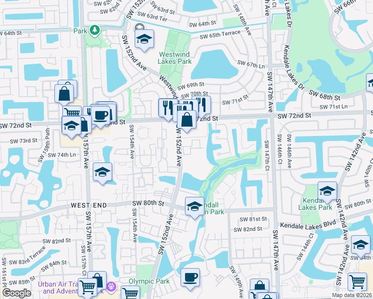map of restaurants, bars, coffee shops, grocery stores, and more near 7429 Southwest 152nd Avenue in Miami