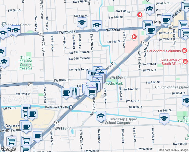 map of restaurants, bars, coffee shops, grocery stores, and more near in South Miami