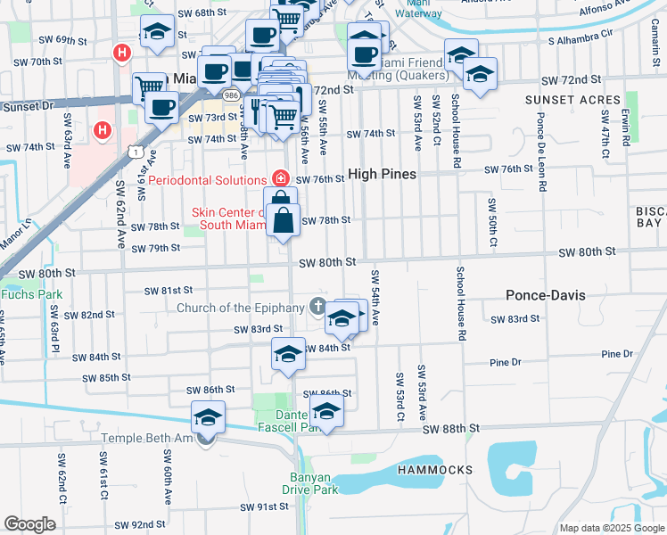 map of restaurants, bars, coffee shops, grocery stores, and more near 5500 Southwest 80th Street in Miami