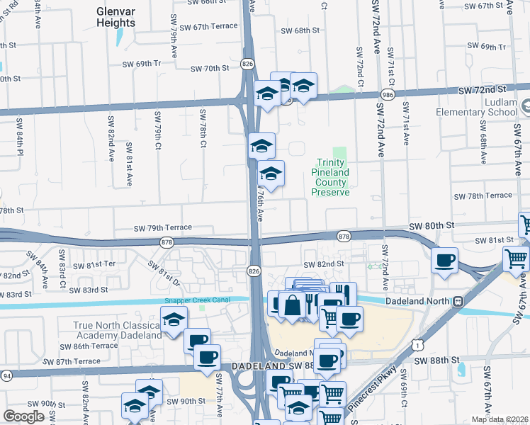 map of restaurants, bars, coffee shops, grocery stores, and more near 7545 Southwest 80th Street in Miami