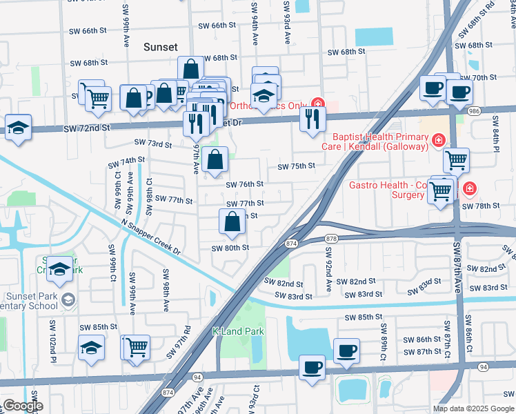 map of restaurants, bars, coffee shops, grocery stores, and more near 9375 Southwest 78th Street in Miami