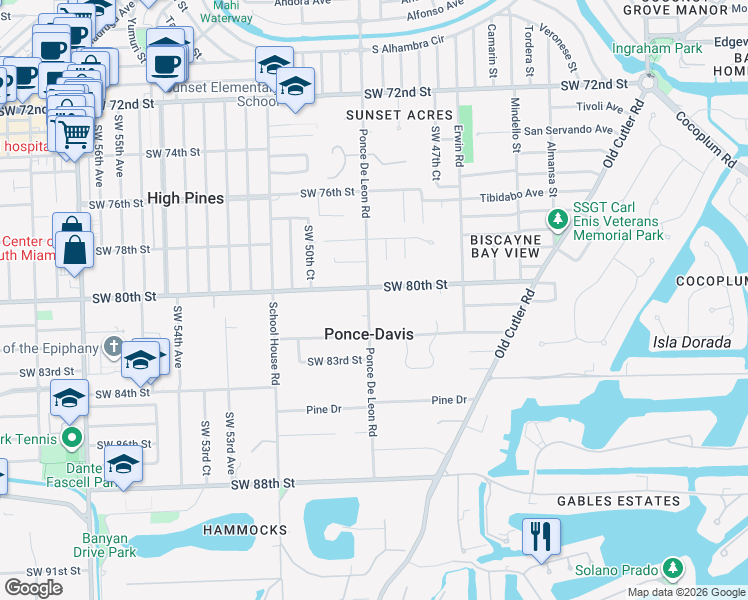 map of restaurants, bars, coffee shops, grocery stores, and more near 4896 Southwest 80th Street in Miami