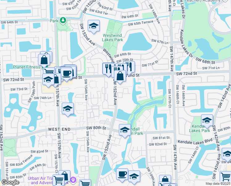 map of restaurants, bars, coffee shops, grocery stores, and more near 7490 Southwest 152nd Avenue in Miami
