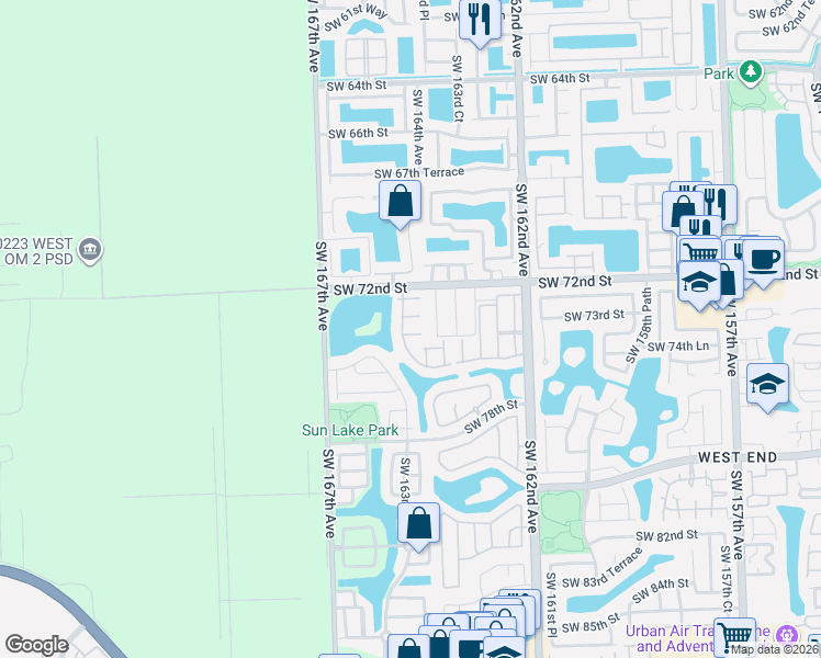 map of restaurants, bars, coffee shops, grocery stores, and more near 16401 Southwest 74th Terrace in Miami