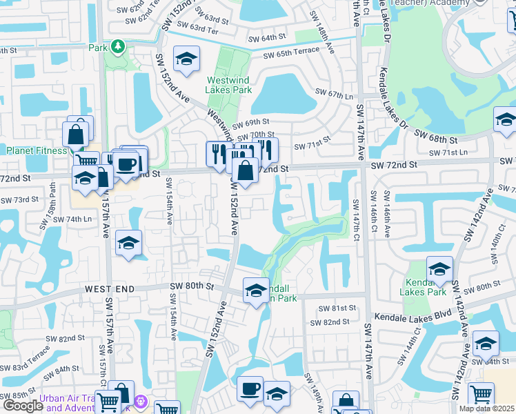 map of restaurants, bars, coffee shops, grocery stores, and more near 7429 Southwest 152nd Avenue in Miami
