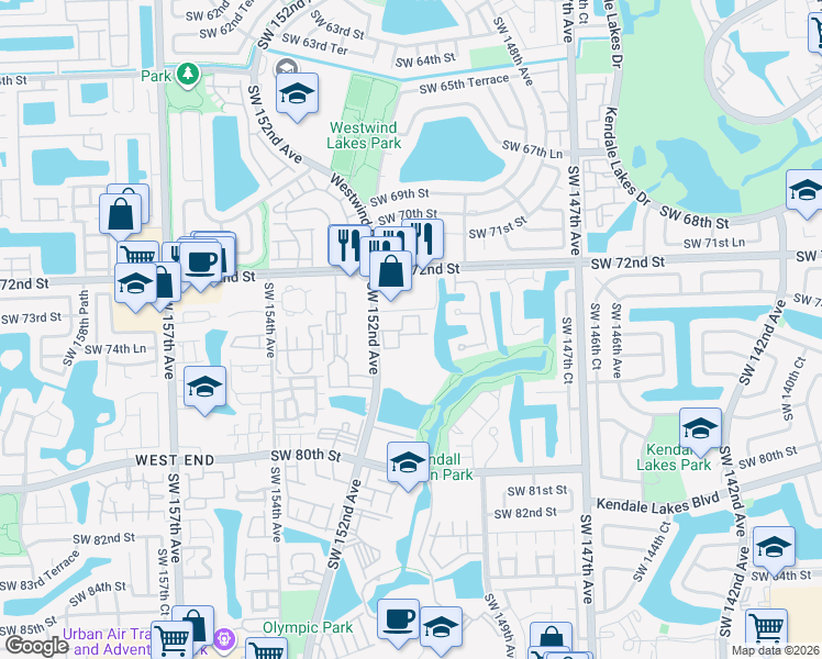 map of restaurants, bars, coffee shops, grocery stores, and more near 7429 Southwest 152nd Avenue in Miami