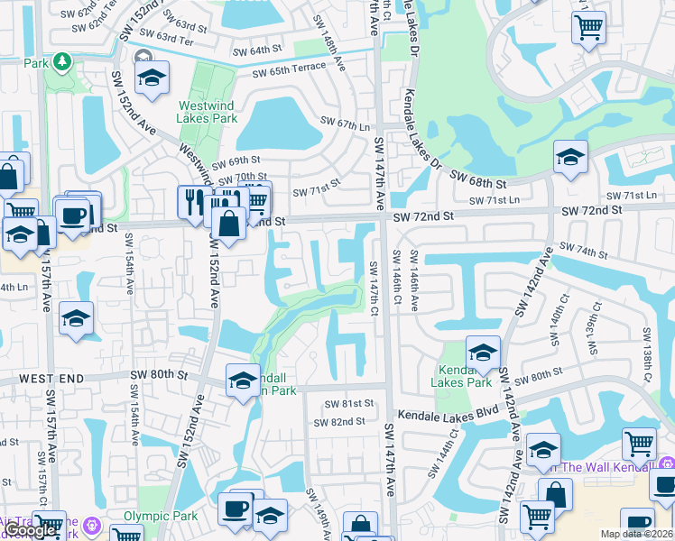 map of restaurants, bars, coffee shops, grocery stores, and more near 14826 Southwest 74th Lane in Miami